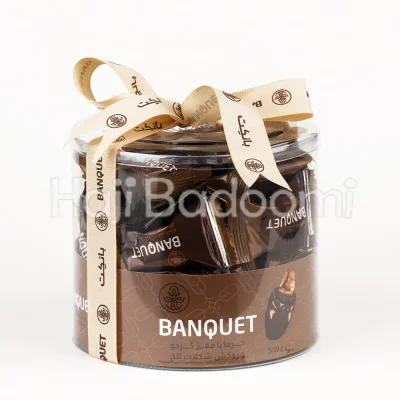 خرما گردویی بانکت با روکش شکلات تلخ بسته طلقی 5۰۰ گرمی