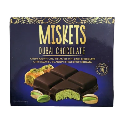 شکلات دبی میسکتس با مغز پسته و شکلات تلخ 100 گرمی