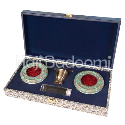 باکس هدیه زعفران دو مثقال طرح ترمه و چرم آبی